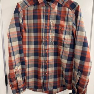 Fjallraven Mens Flannel Medium M Check Button Long Sleeve Zip Pocket Red Blue